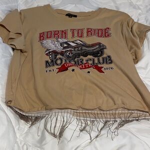 Tan Graphic Tee with Fringe